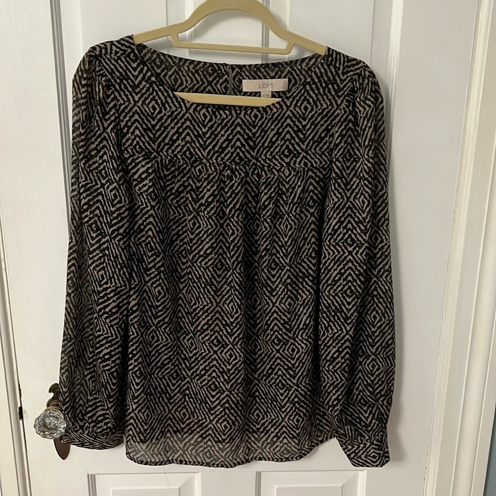 LOFT Black and Tan Patterned Sheer Blouse
